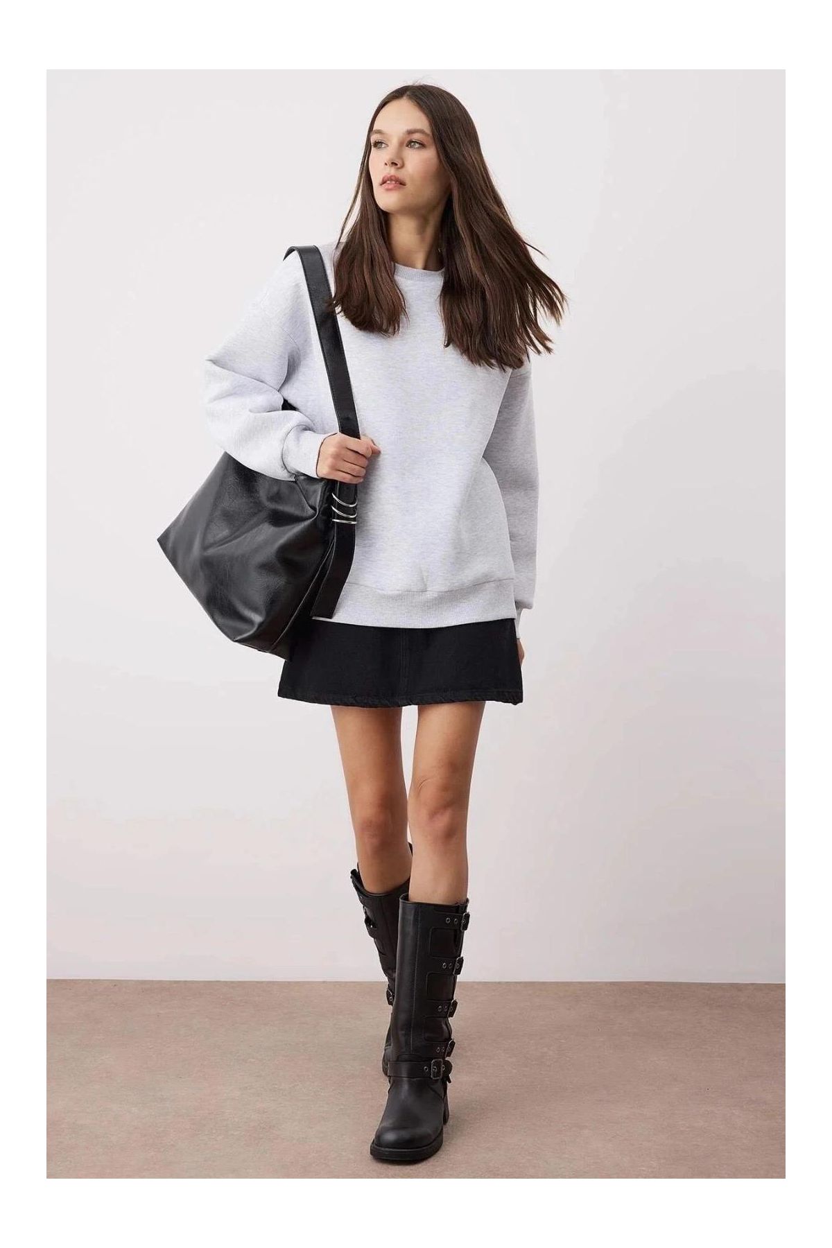 3 iplik şardonlu bisiklet yaka sweatshirt gri