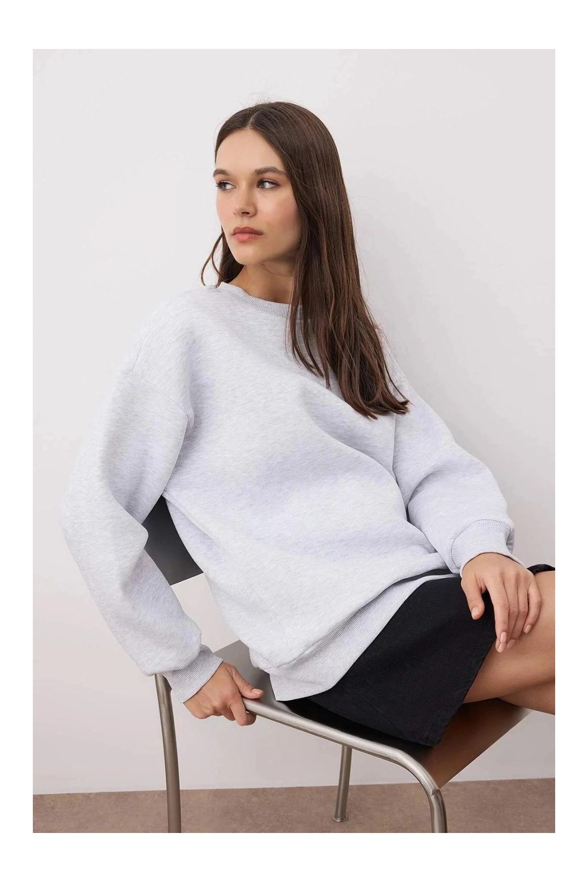 3 iplik şardonlu bisiklet yaka sweatshirt gri