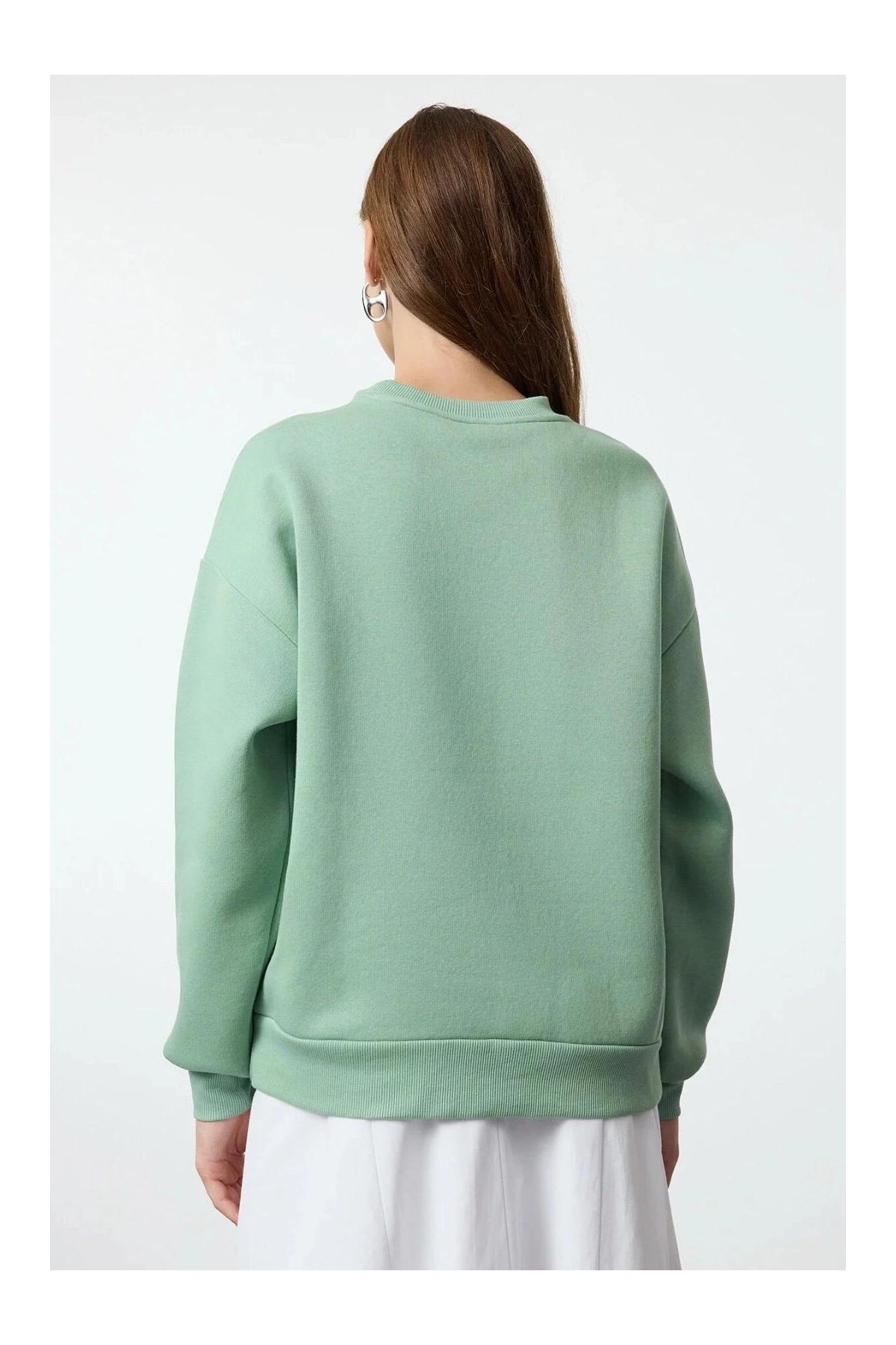 3 iplik şardonlu bisiklet yaka sweatshirt mint
