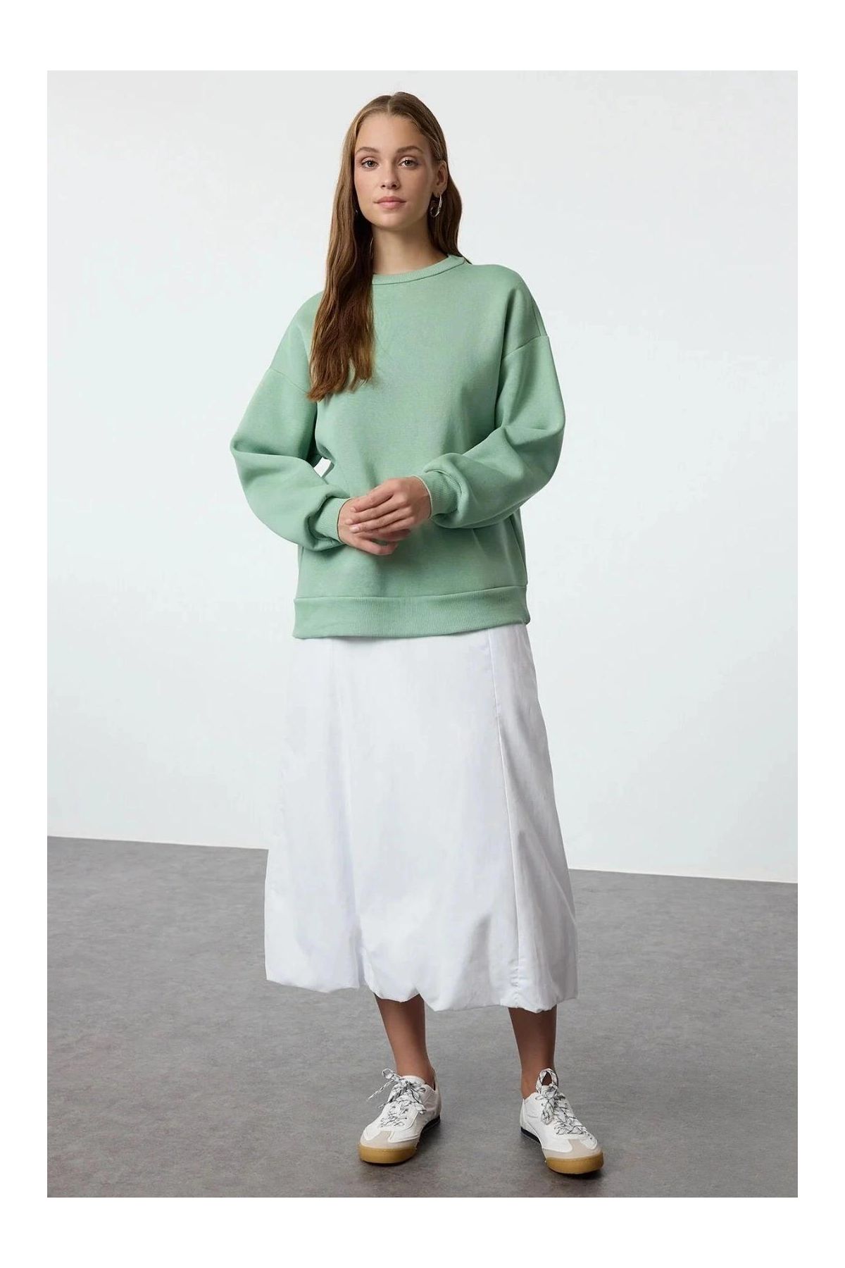 3 iplik şardonlu bisiklet yaka sweatshirt mint