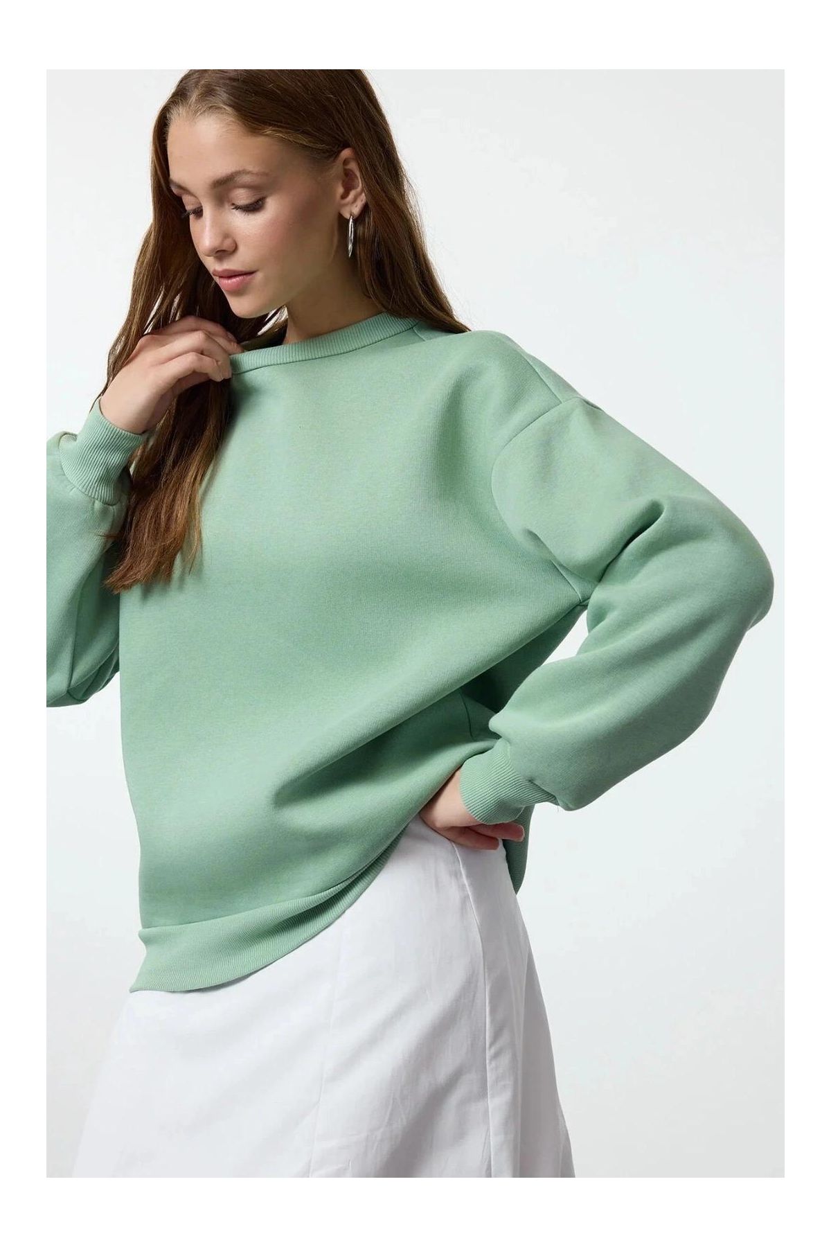 3 iplik şardonlu bisiklet yaka sweatshirt mint