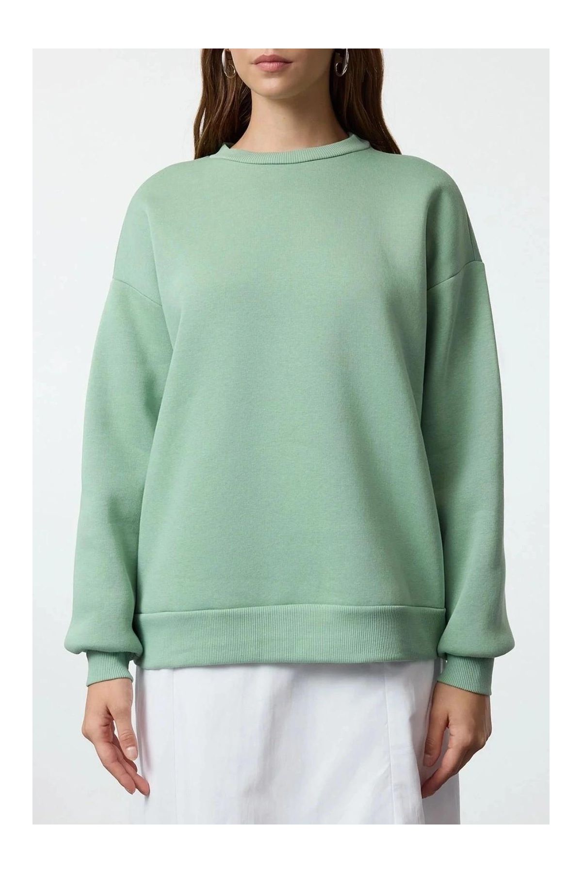 3 iplik şardonlu bisiklet yaka sweatshirt mint