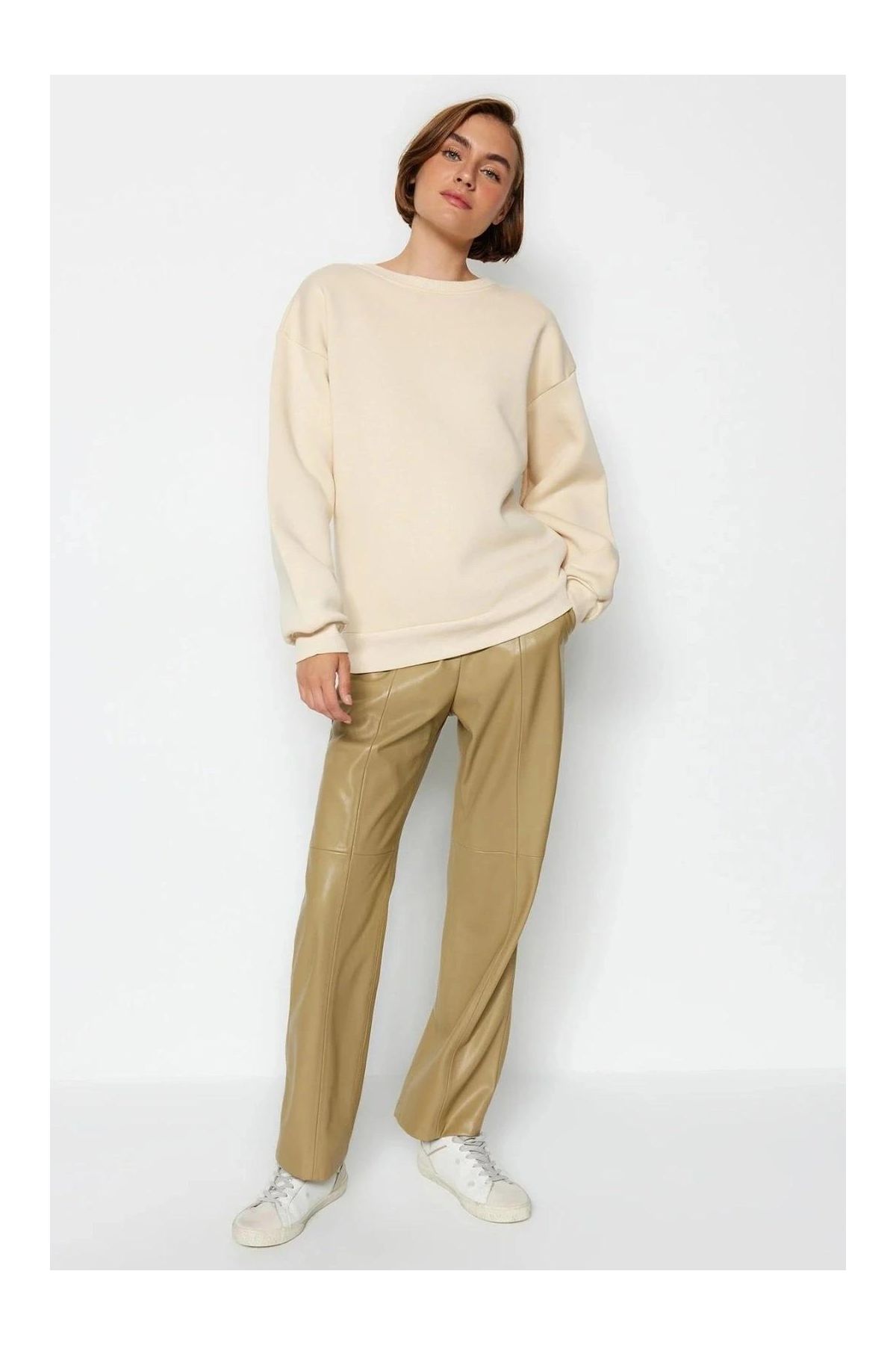 3 iplik şardonlu bisiklet yaka sweatshirt bej