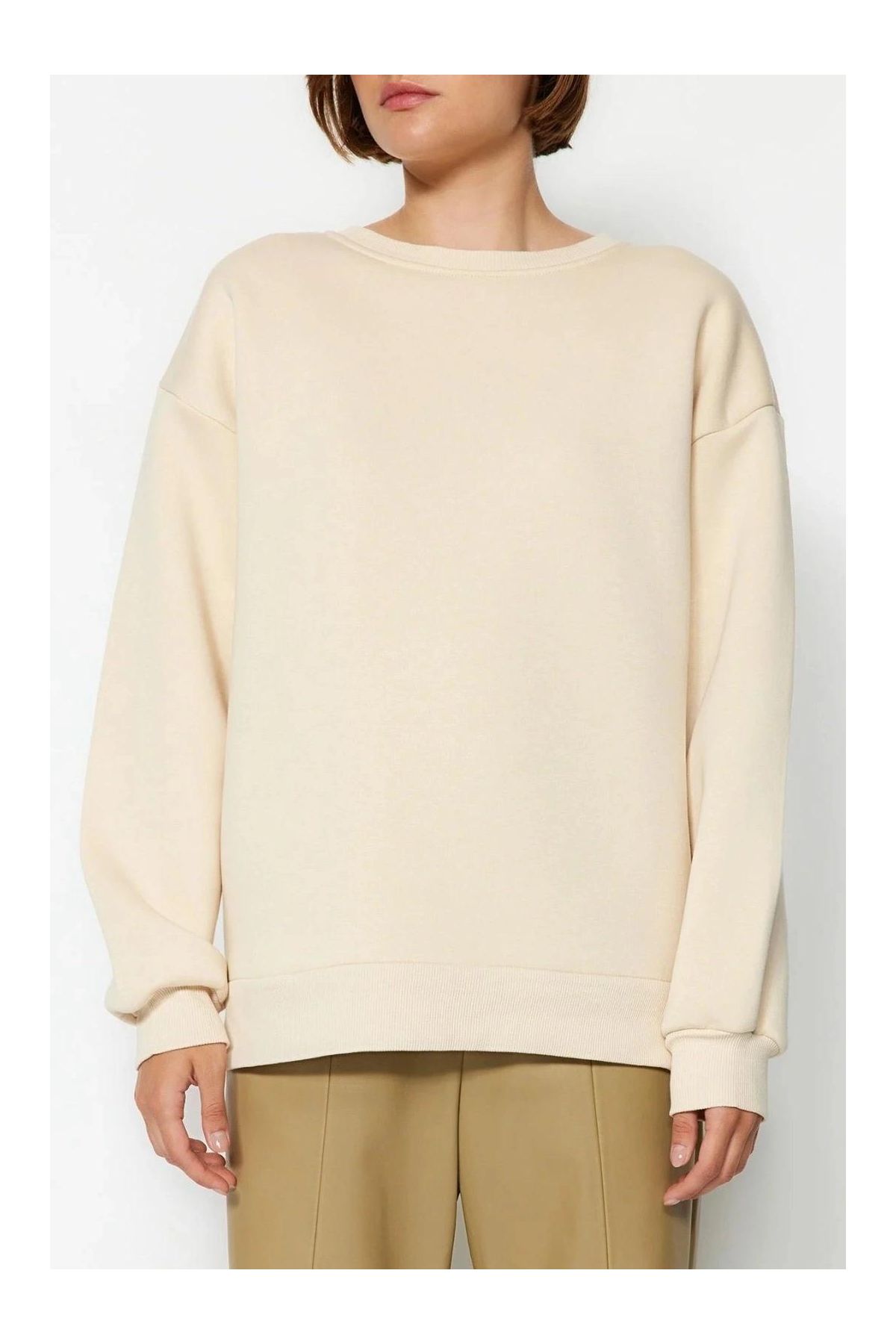 3 iplik şardonlu bisiklet yaka sweatshirt bej