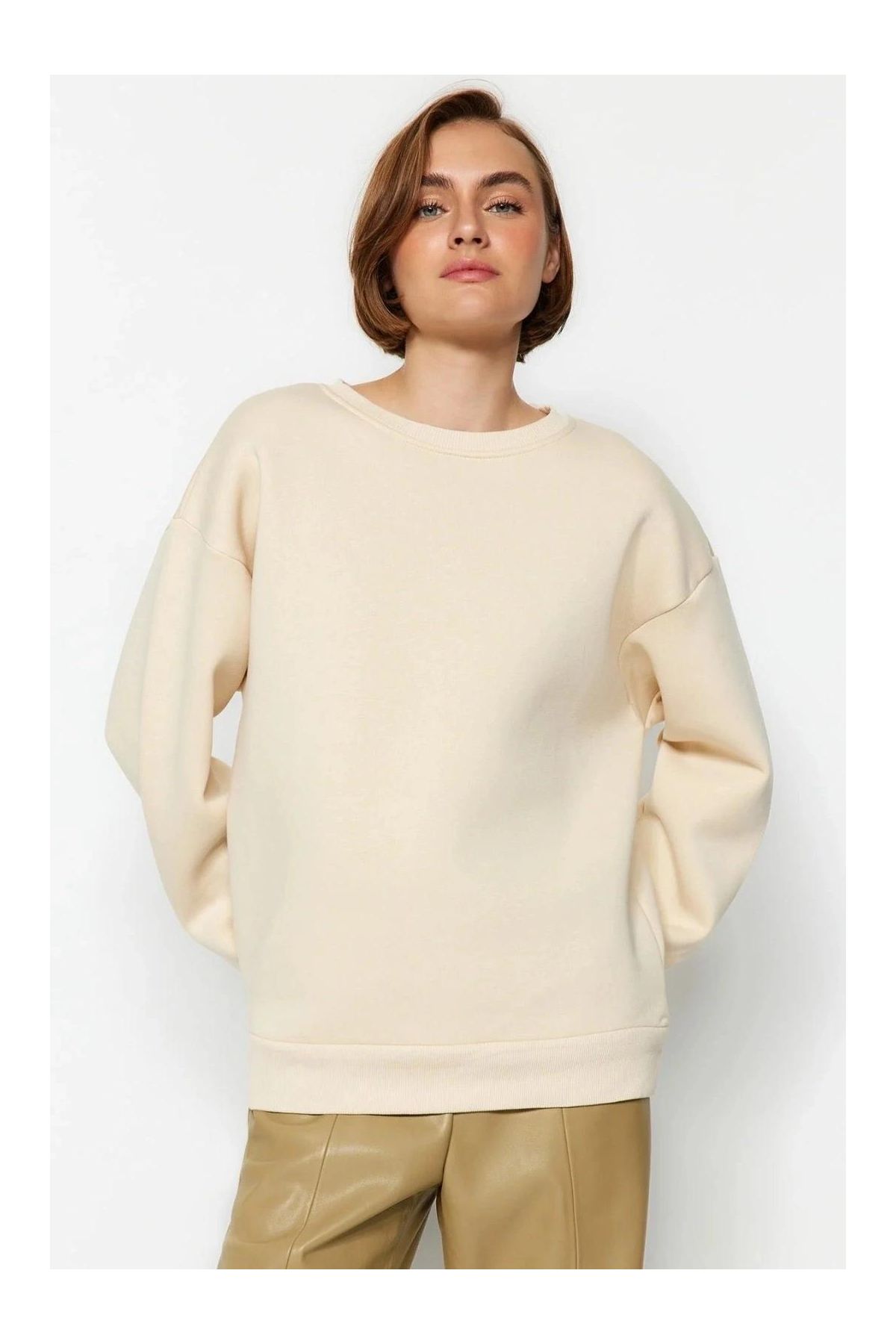 3 iplik şardonlu bisiklet yaka sweatshirt bej