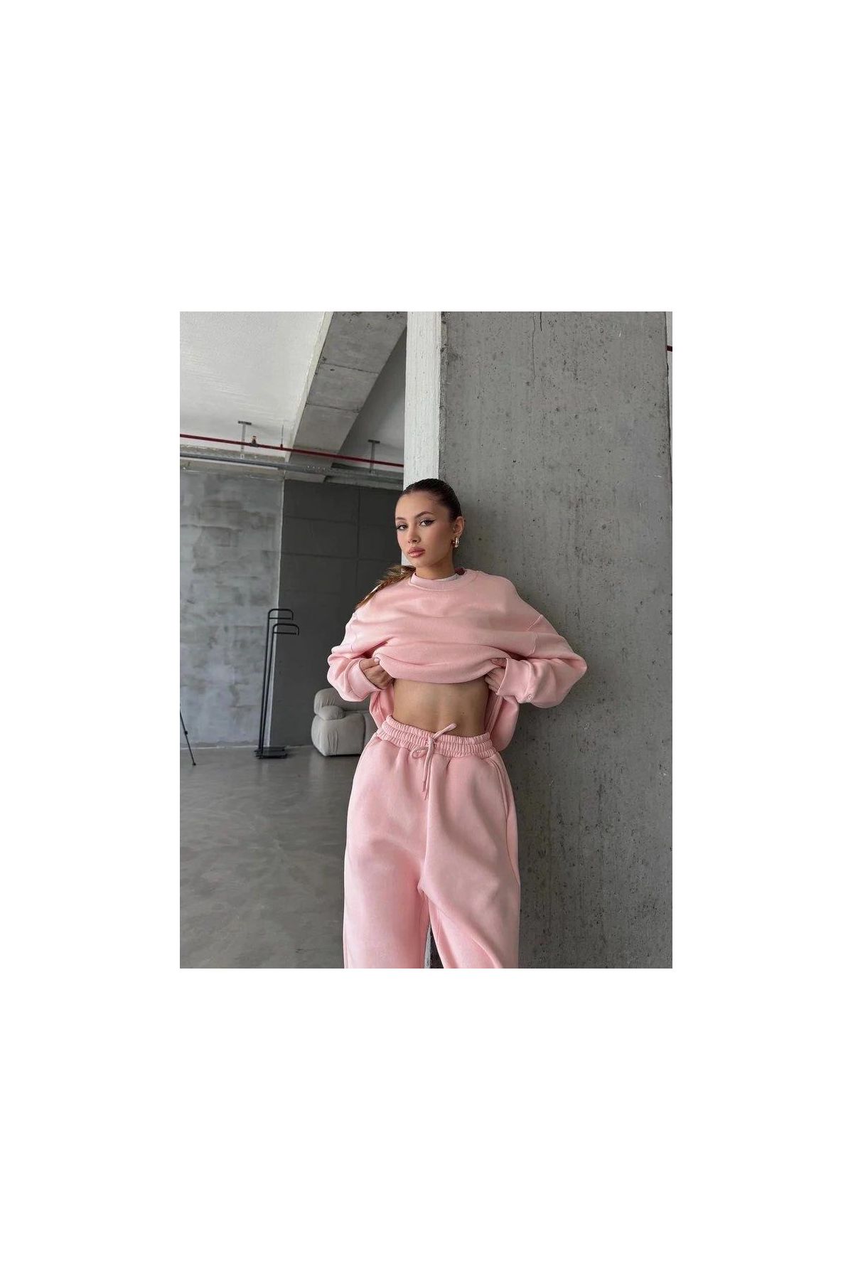 3 iplik şardonlu Lastik paça eşofman pembe p510439