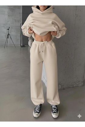 3 iplik şardonlu Lastik paça eşofman bej p510439