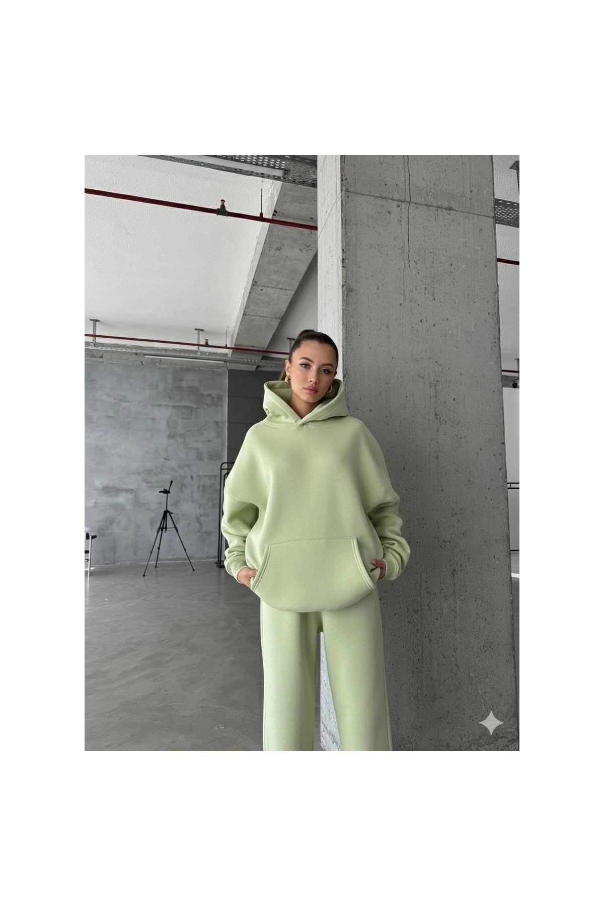 3 iplik şardonlu kapşonlu sweatshirt mint p510436