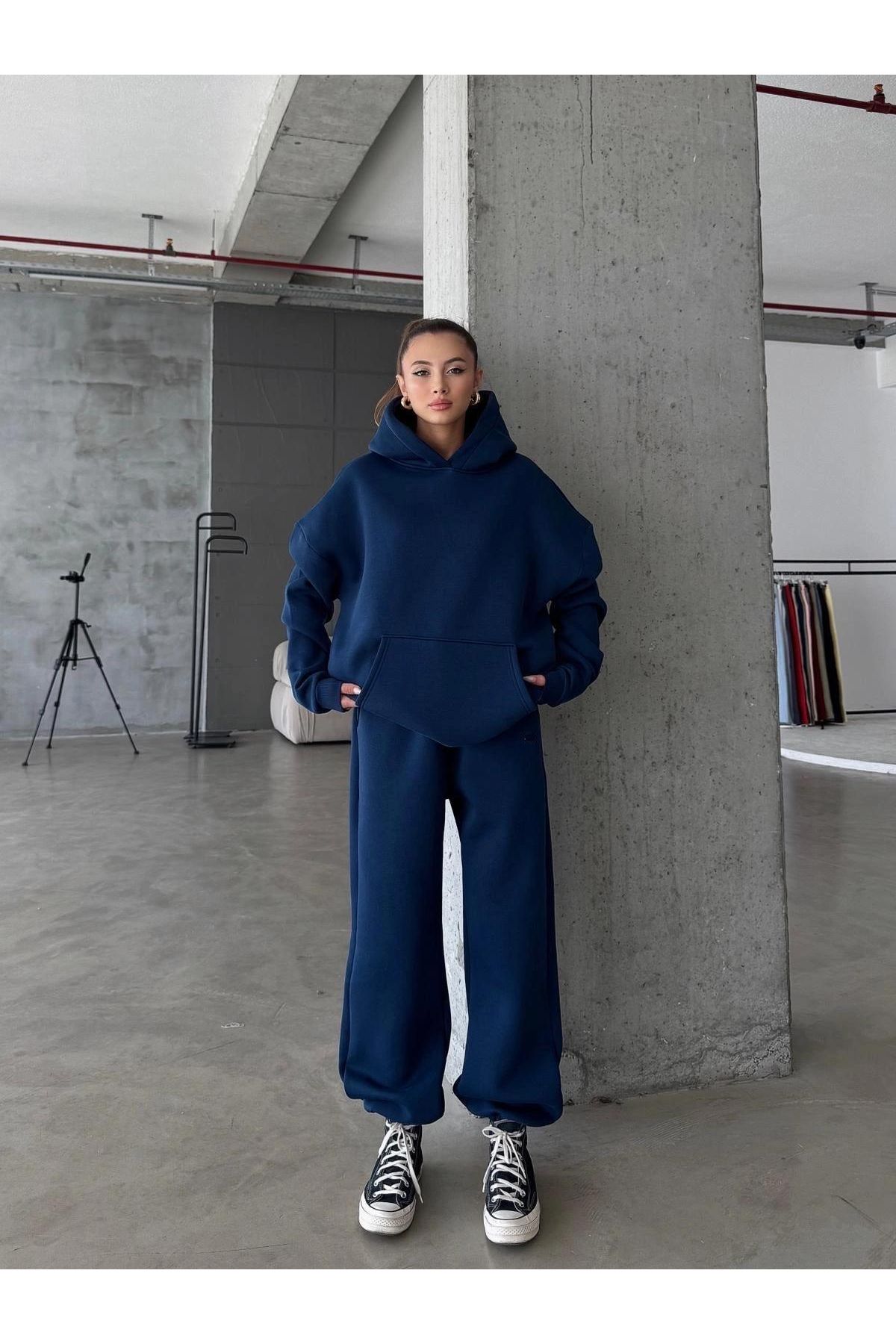 3 iplik şardonlu kapşonlu sweatshirt lacivert p510436