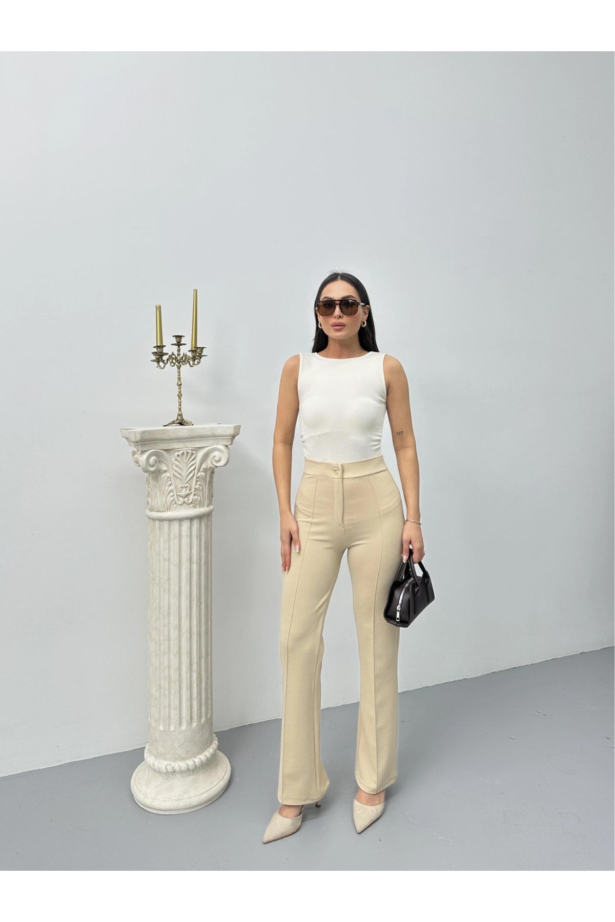 Düğmeli Palazzo pantolon bej p170091