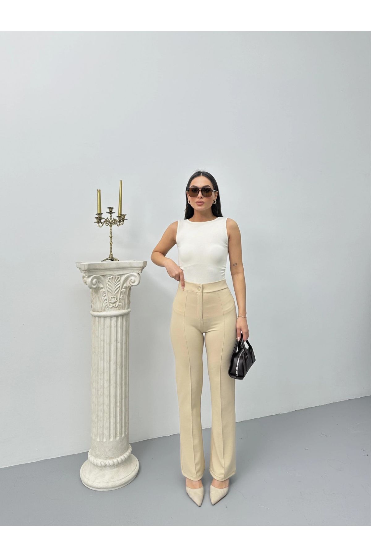 Düğmeli Palazzo pantolon bej p170091