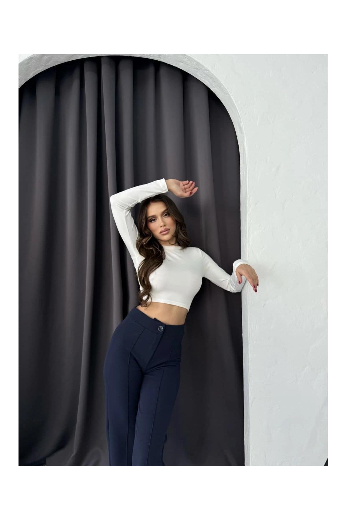 Düğmeli Palazzo pantolon lacivert p170091