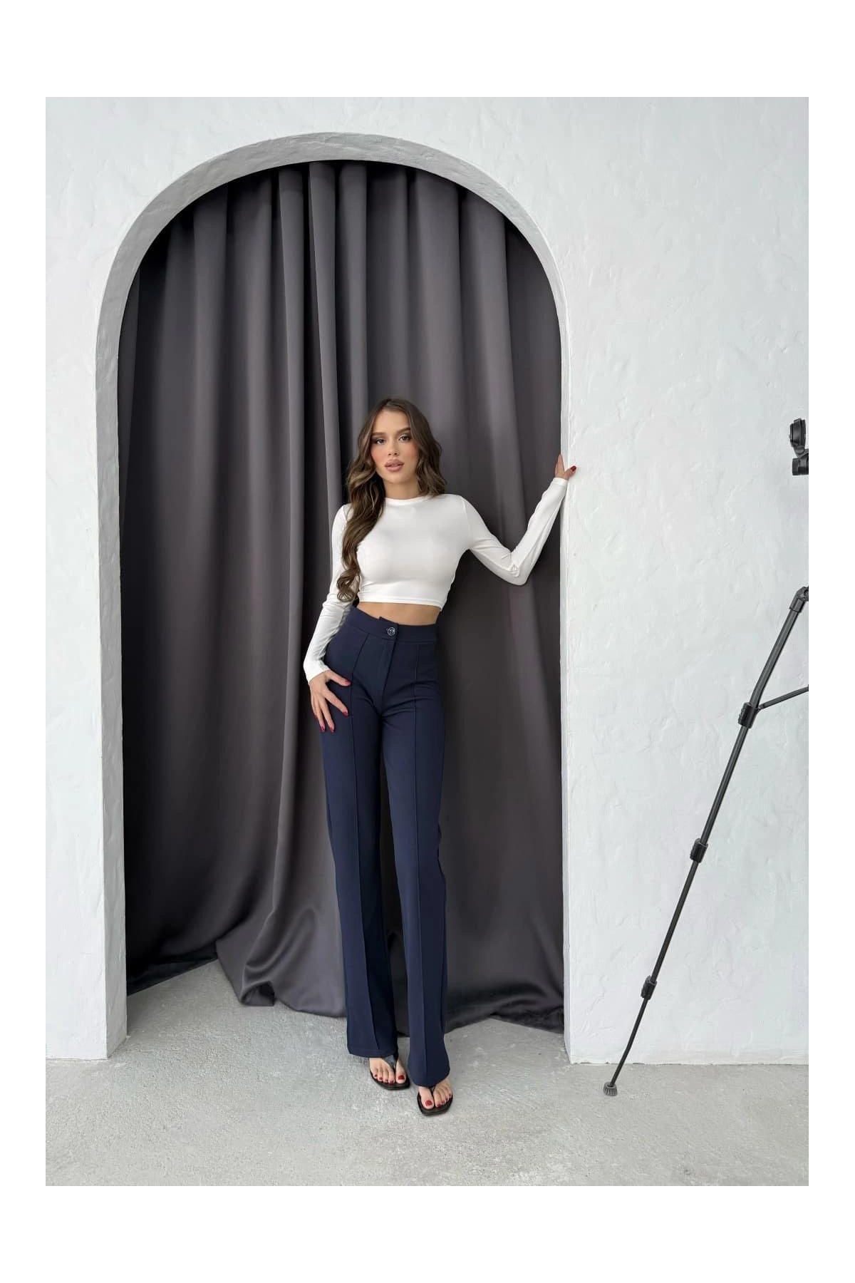 Düğmeli Palazzo pantolon lacivert p170091