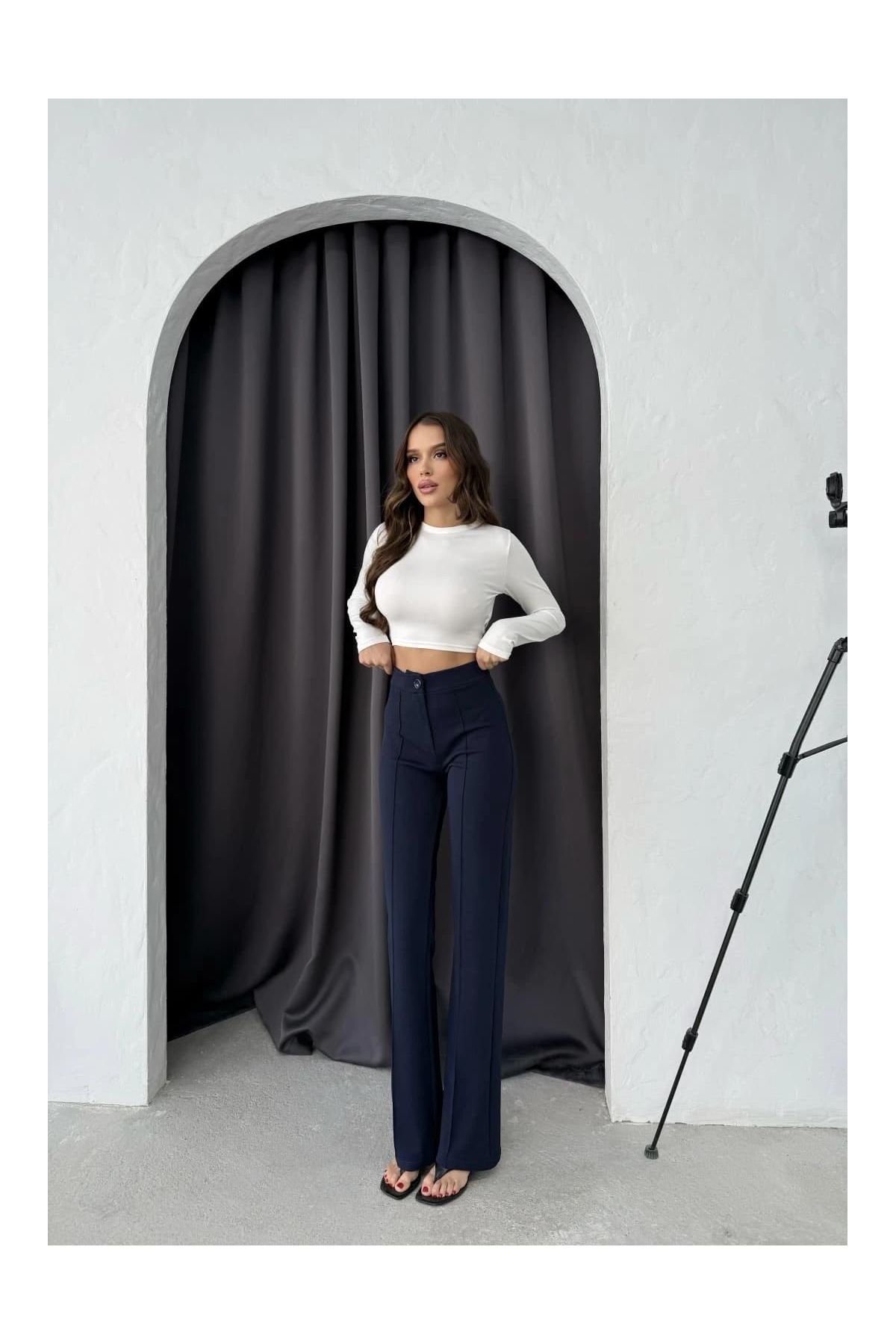 Düğmeli Palazzo pantolon lacivert p170091