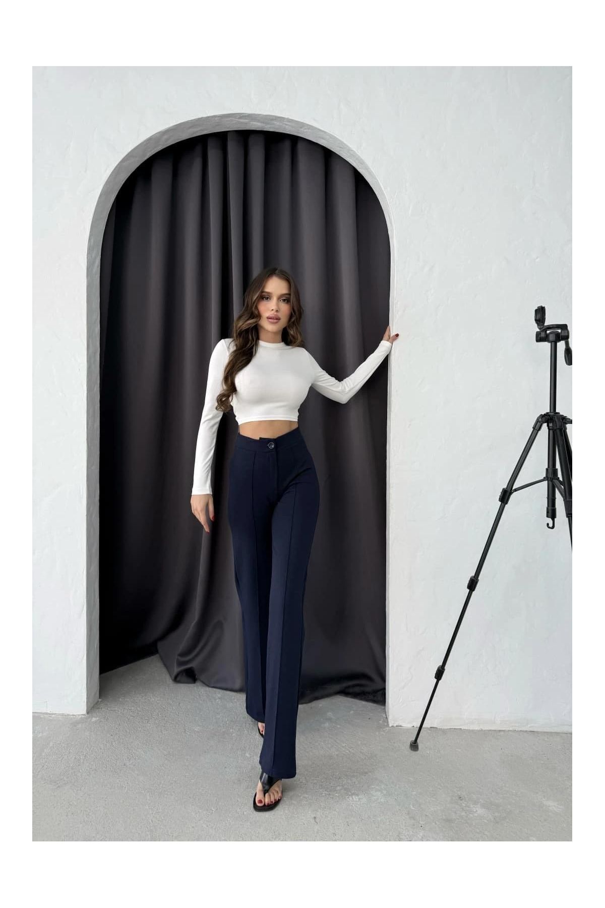 Düğmeli Palazzo pantolon lacivert p170091