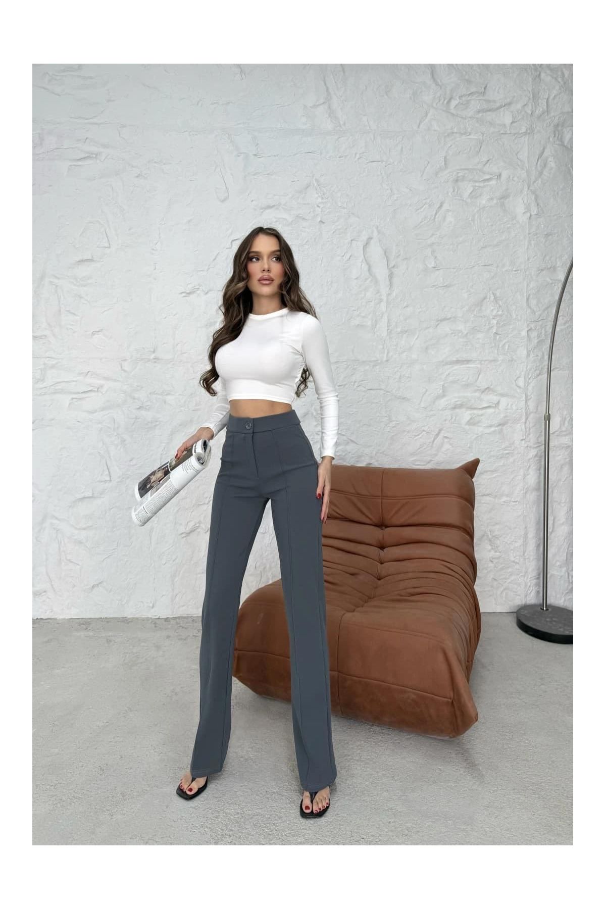 Düğmeli Palazzo pantolon füme p170091