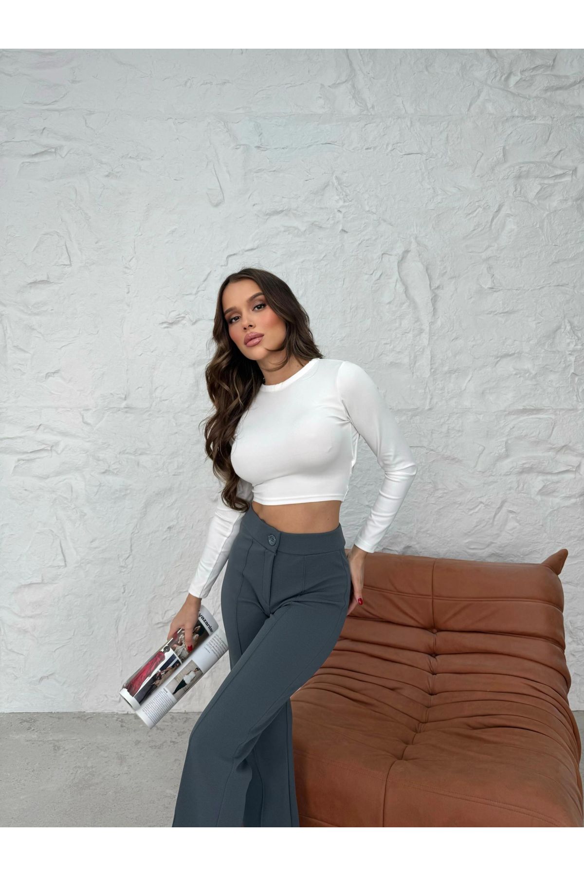 Düğmeli Palazzo pantolon füme p170091