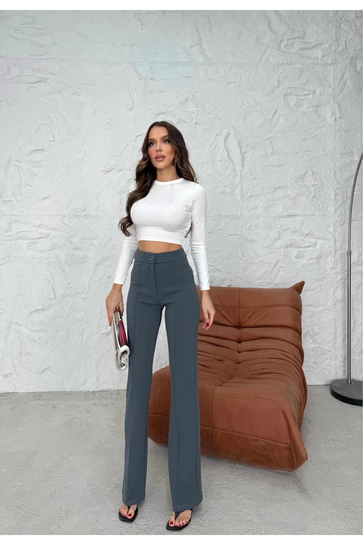 Düğmeli Palazzo pantolon füme p170091