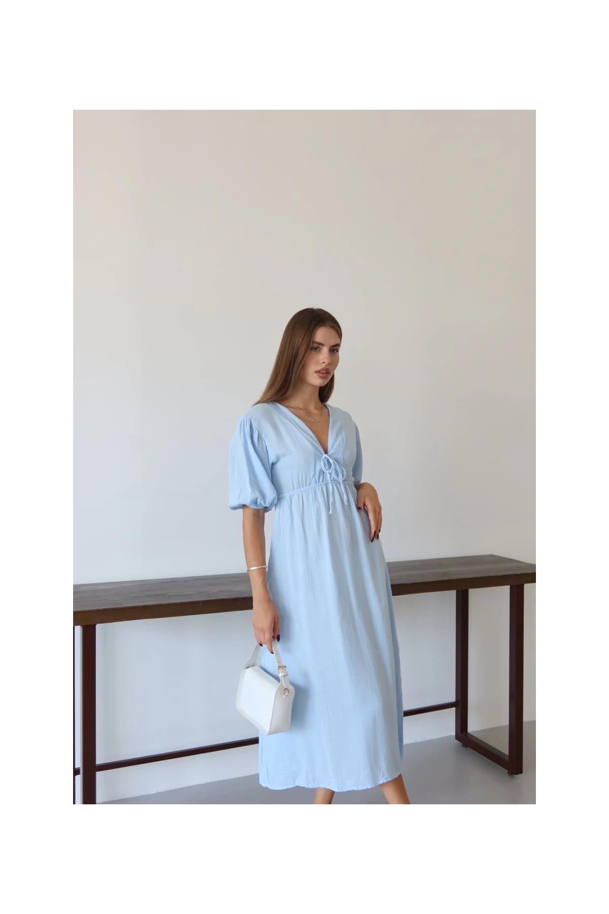 Kısa kollu müslin elbise mavi pt