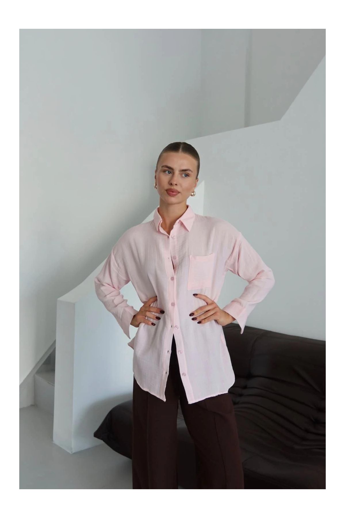 Tek cepli müslin gömlek pembe pt