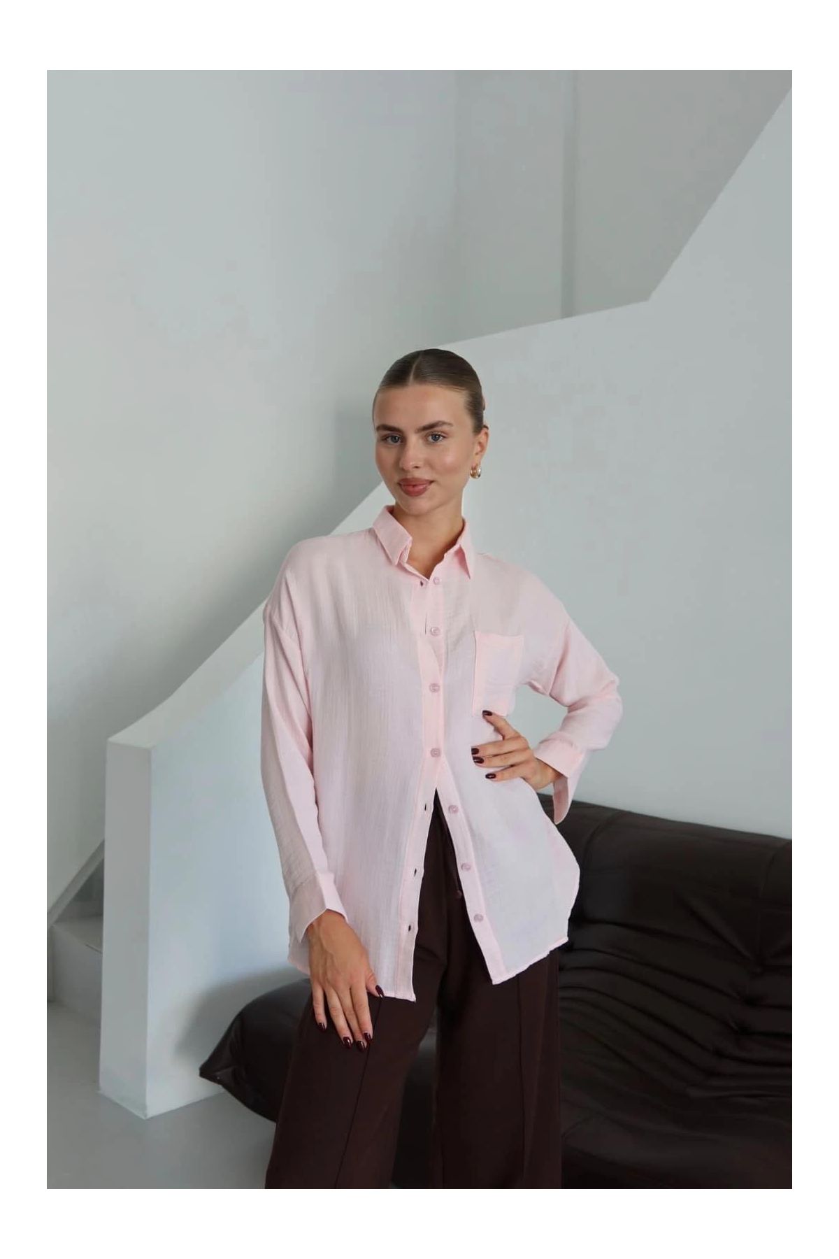 Tek cepli müslin gömlek pembe pt