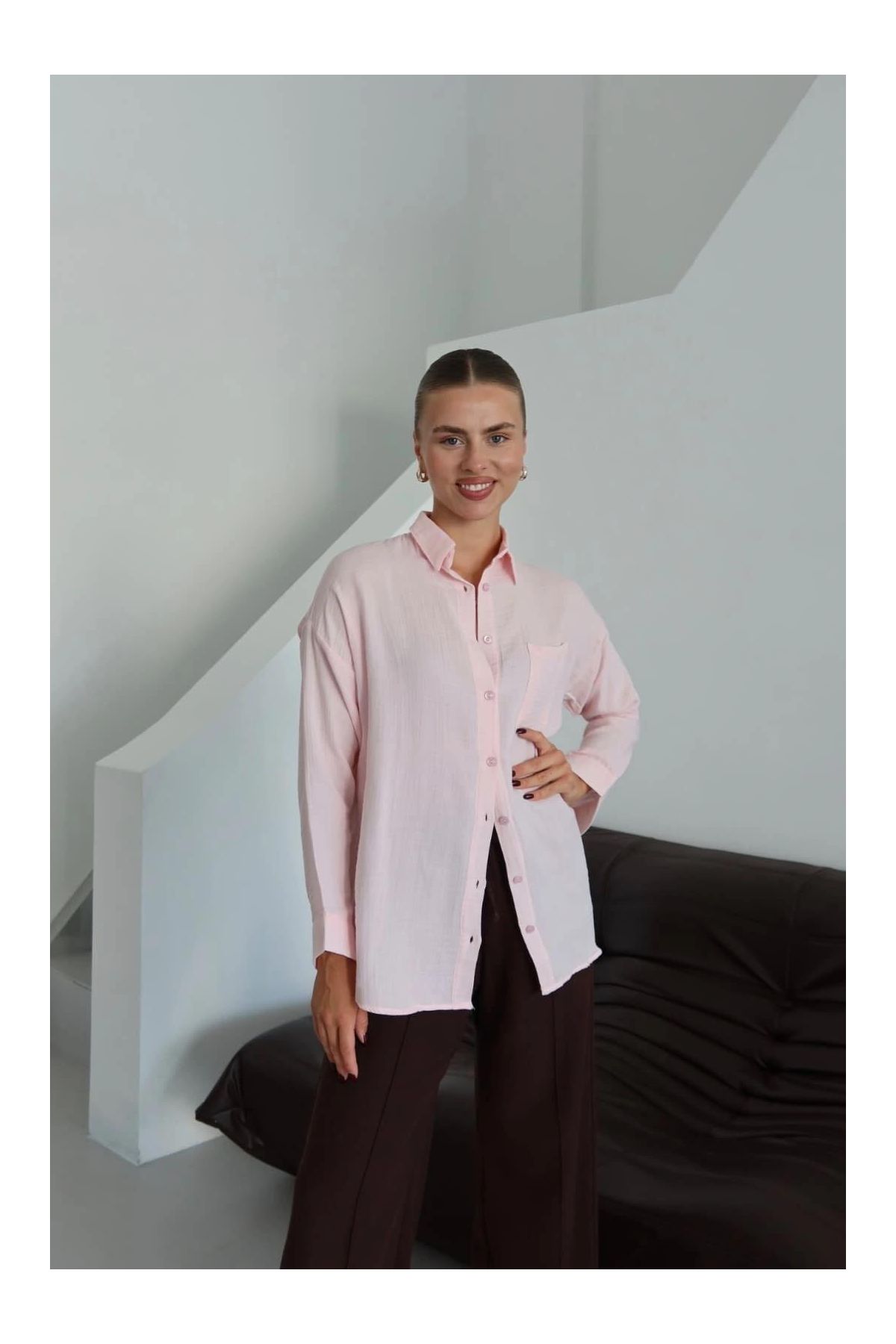 Tek cepli müslin gömlek pembe pt