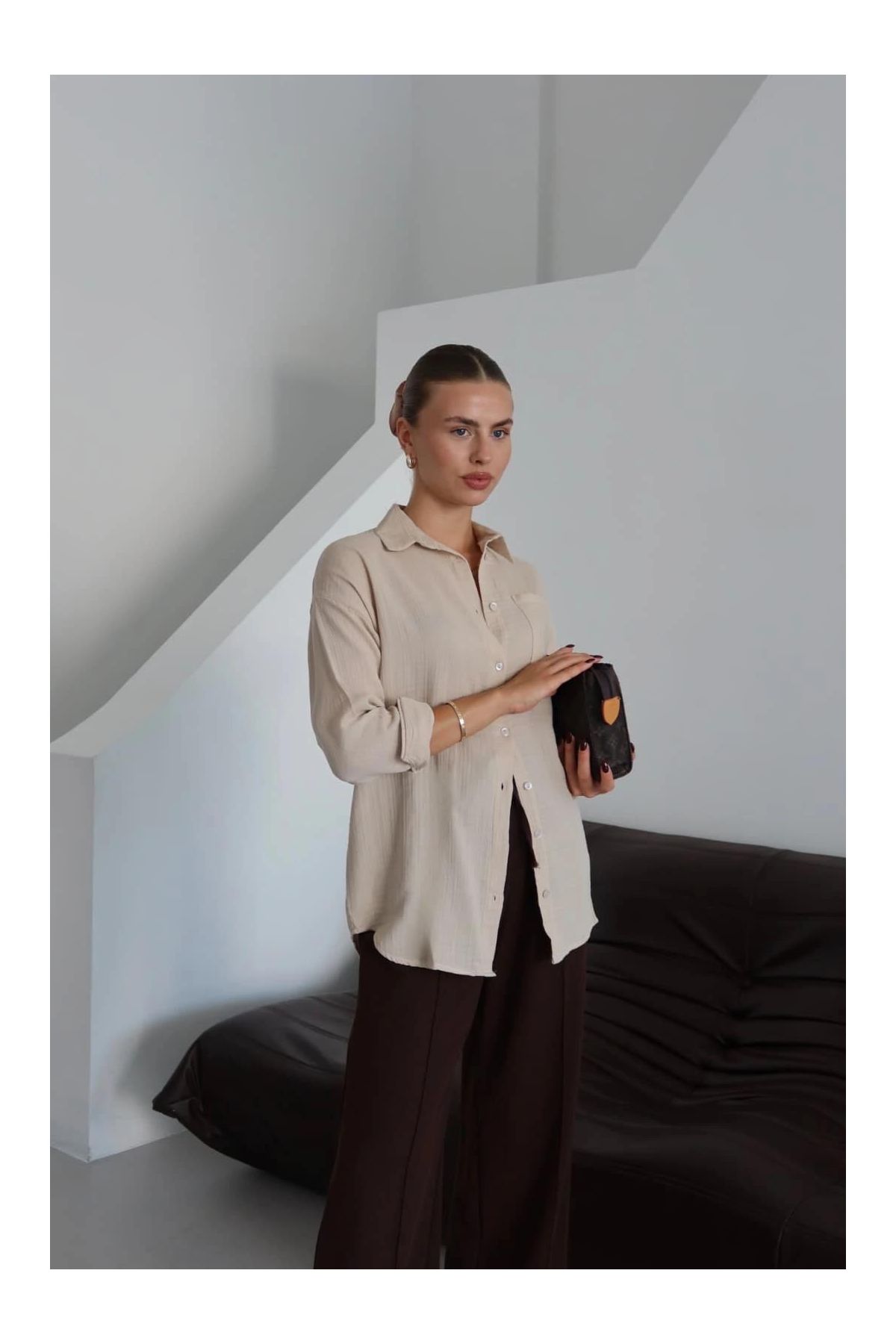 Tek cepli müslin gömlek bej pt