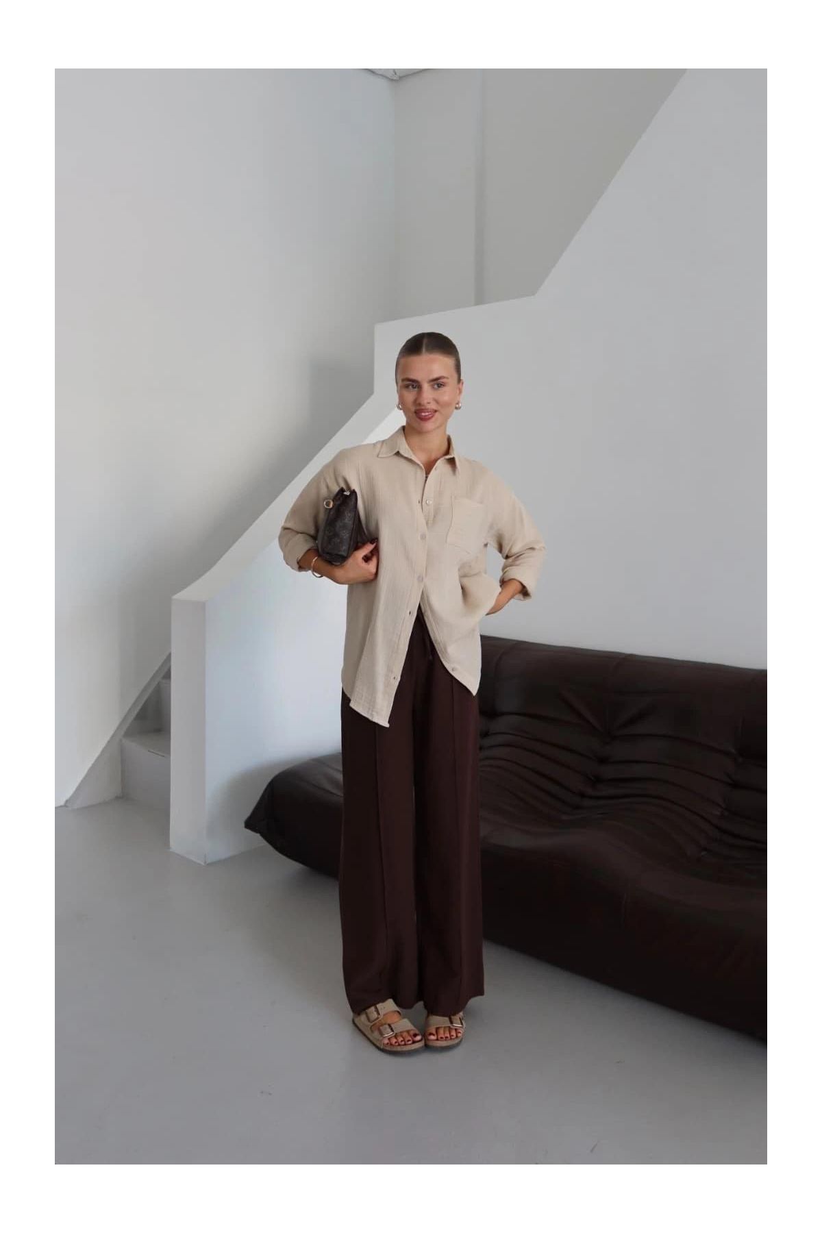 Tek cepli müslin gömlek bej pt