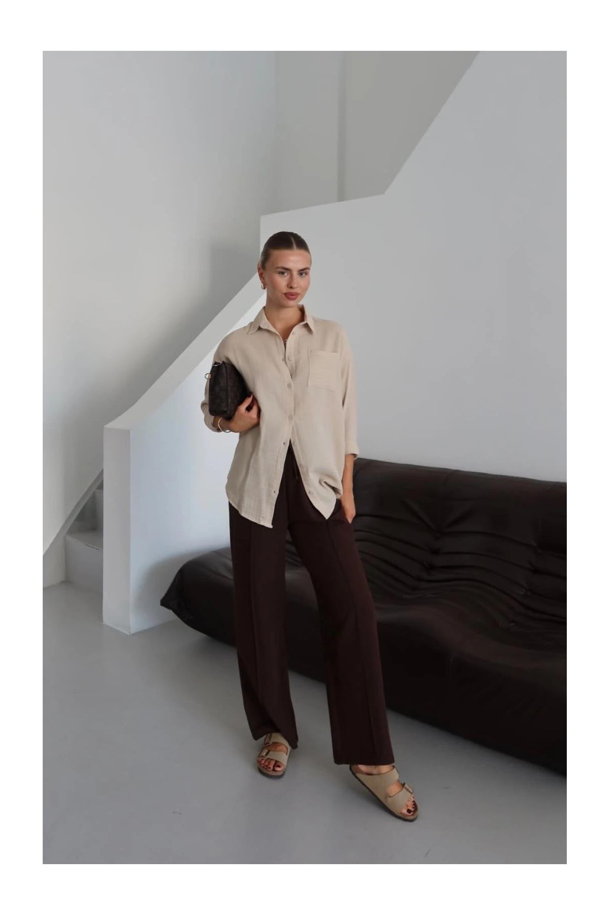 Tek cepli müslin gömlek bej pt