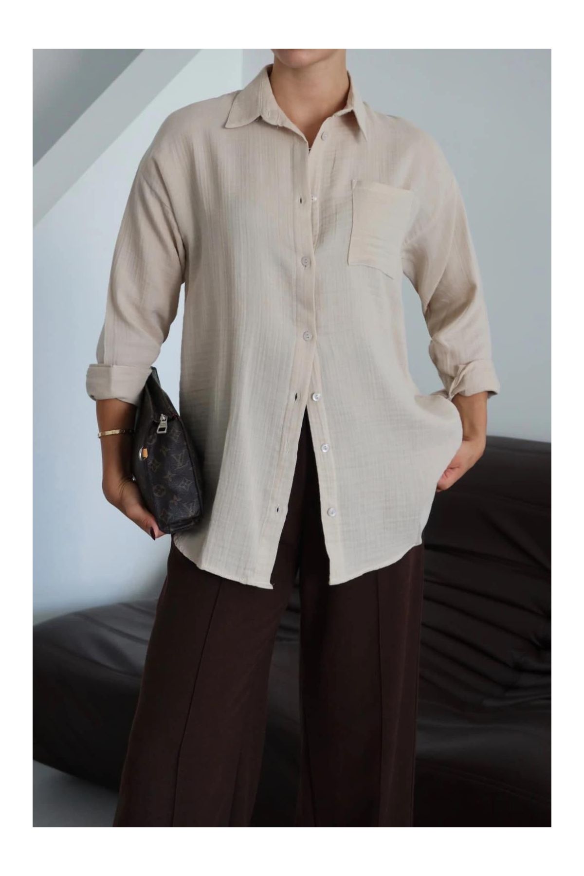 Tek cepli müslin gömlek bej pt