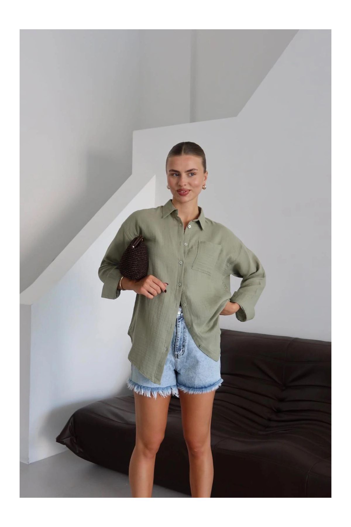 Tek cepli müslin gömlek haki pt