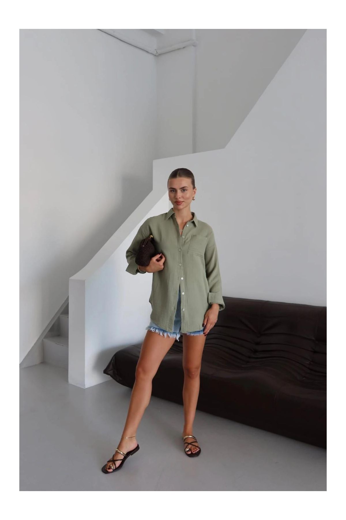 Tek cepli müslin gömlek haki pt