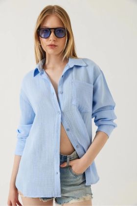 Tek cepli müslin gömlek mavi pt