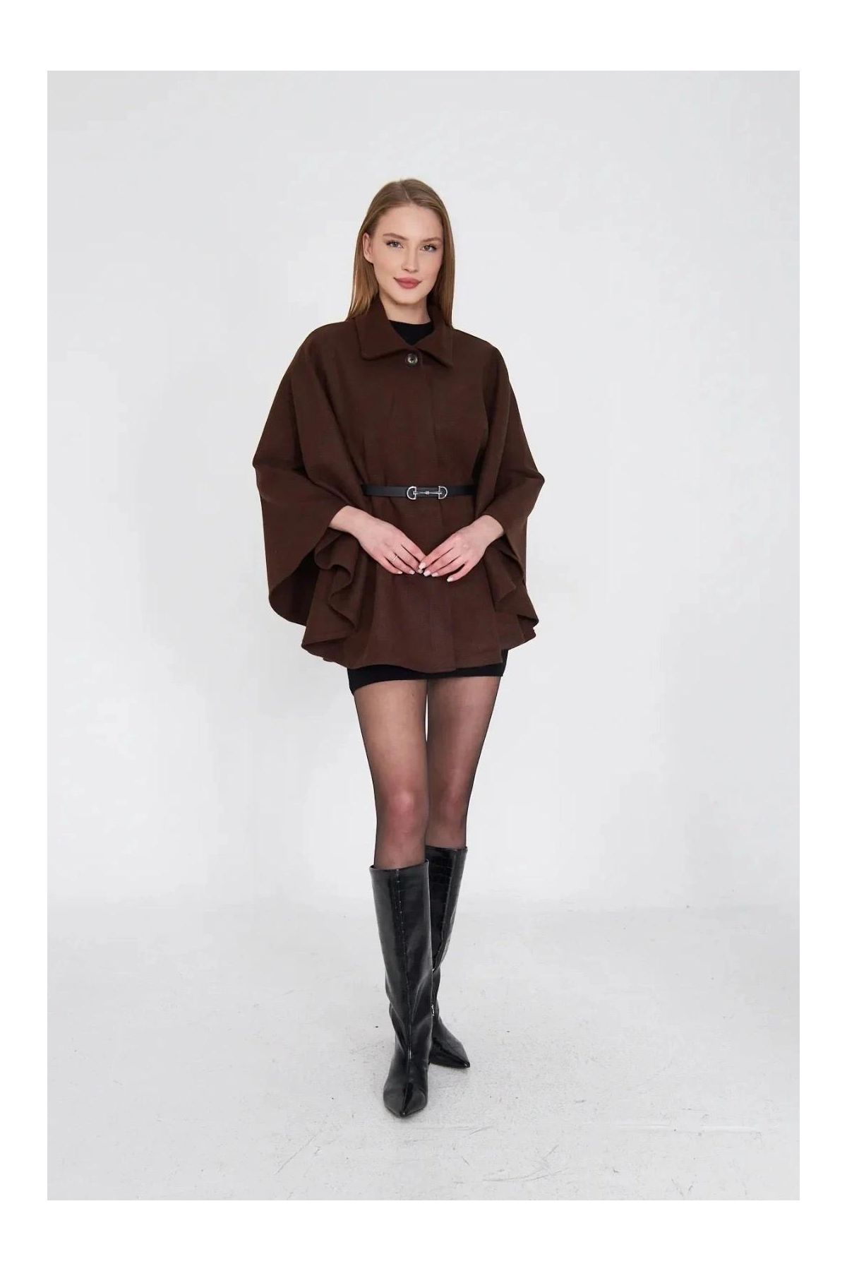 Kemerli kaşe panço kahve pt