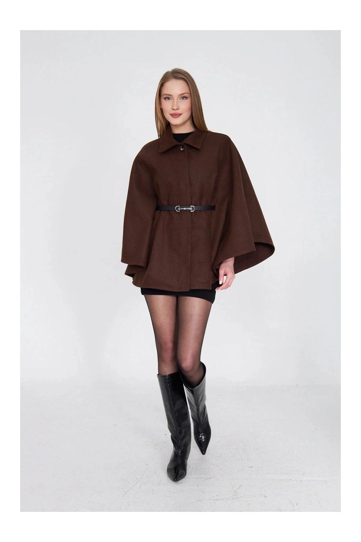 Kemerli kaşe panço kahve pt