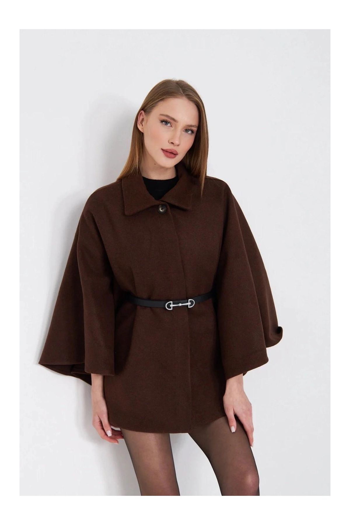 Kemerli kaşe panço kahve pt