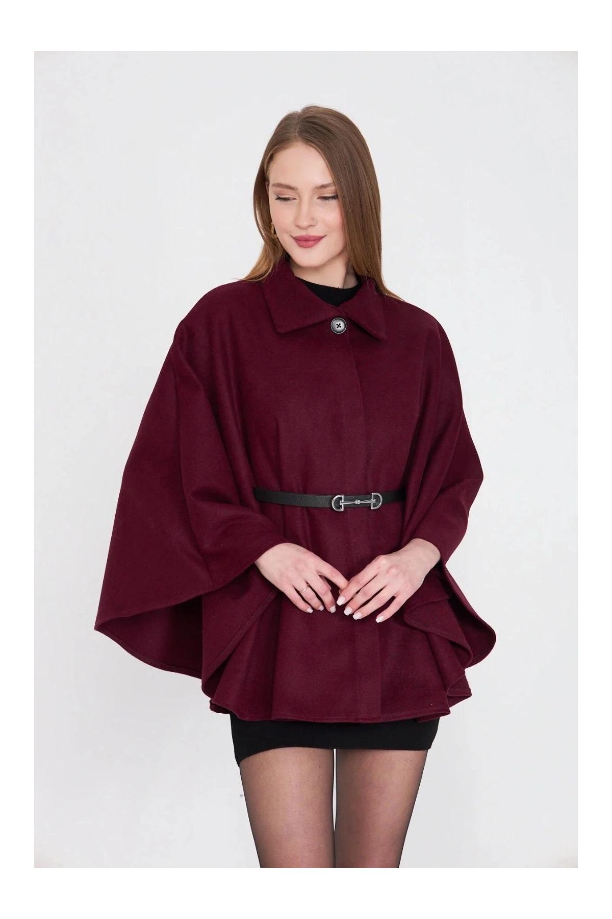 Kemerli kaşe panço bordo pt