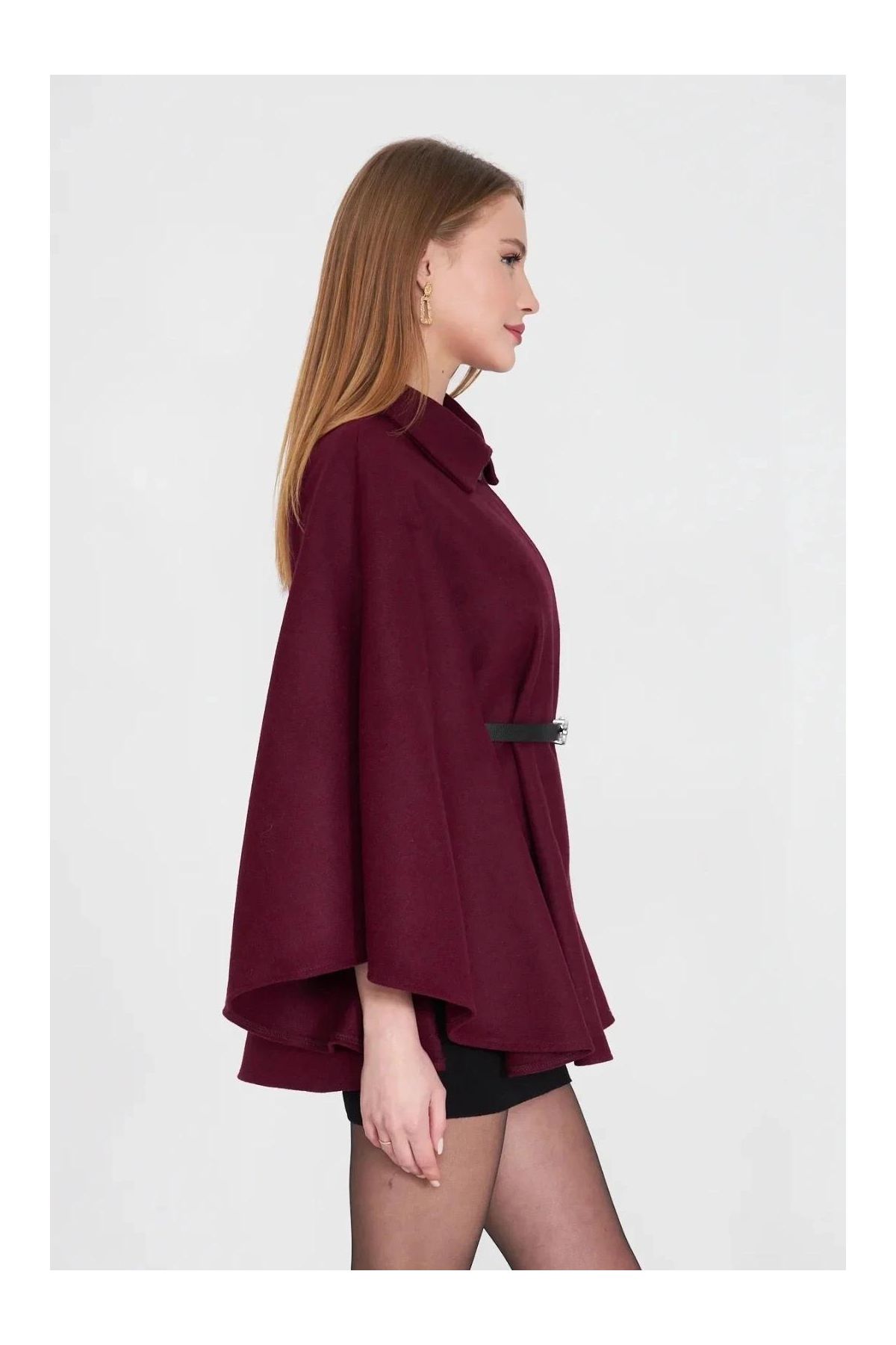 Kemerli kaşe panço bordo pt