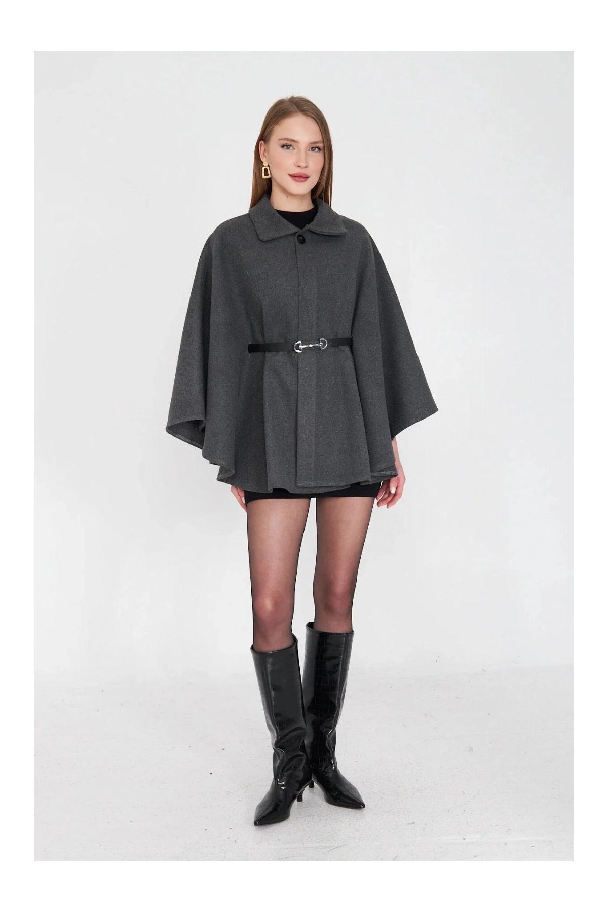 Kemerli kaşe panço antrasit pt