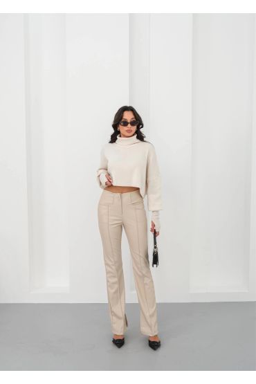 İspanyol yırtmaçlı paça deri pantolon bej hn