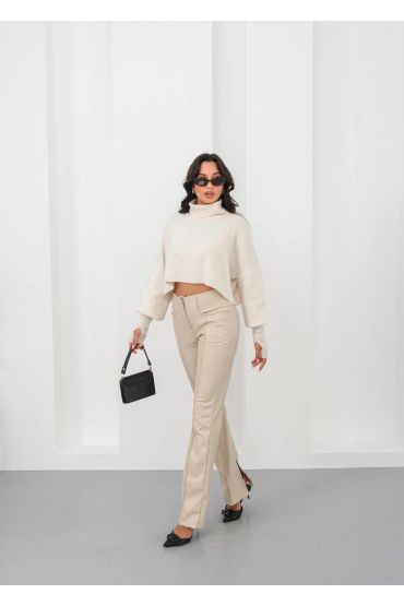 İspanyol yırtmaçlı paça deri pantolon bej hn