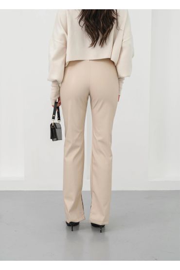 İspanyol yırtmaçlı paça deri pantolon bej hn