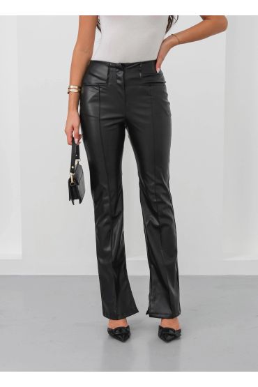 İspanyol yırtmaçlı paça deri pantolon siyah hn