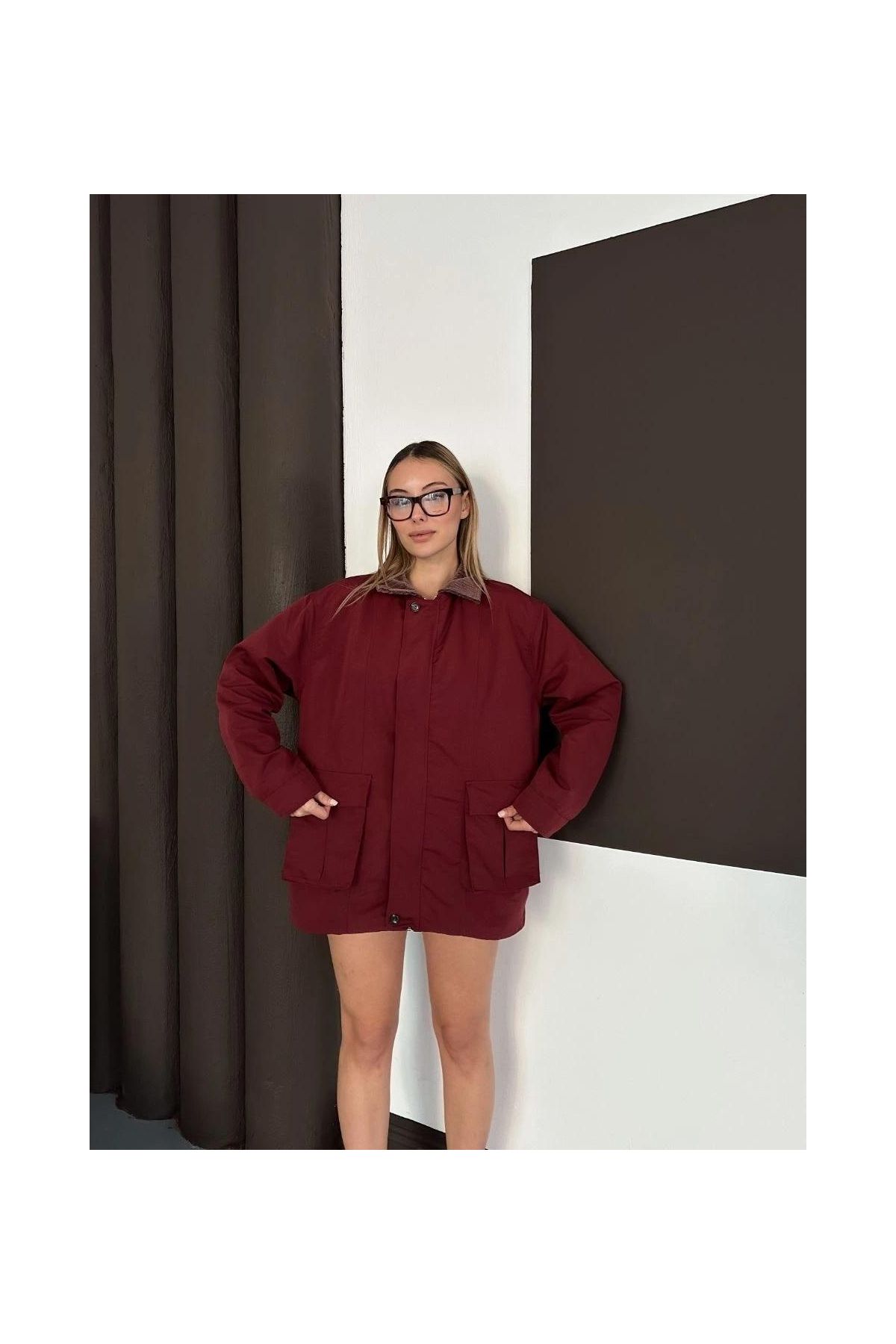 Astarlı yaka detaylı artos ceket bordo st2651019