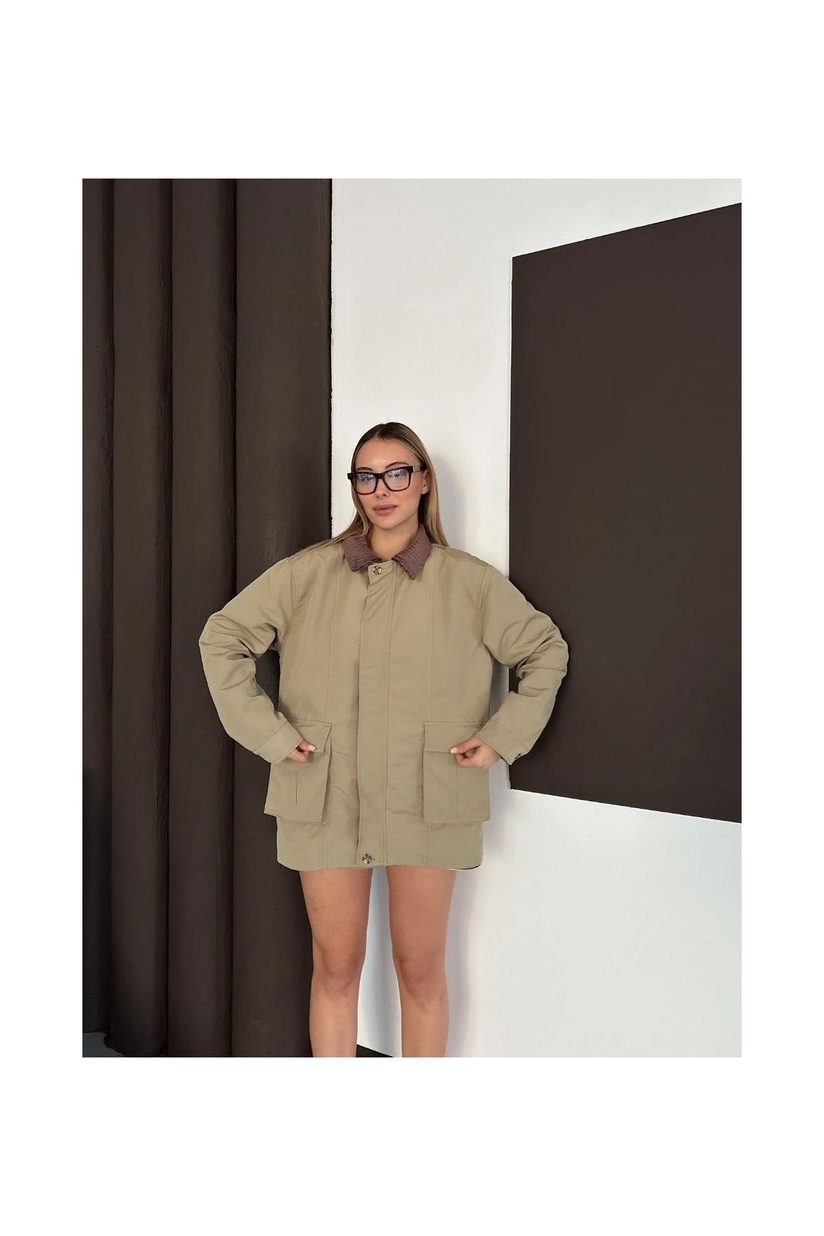 Astarlı yaka detaylı artos ceket haki st2651019