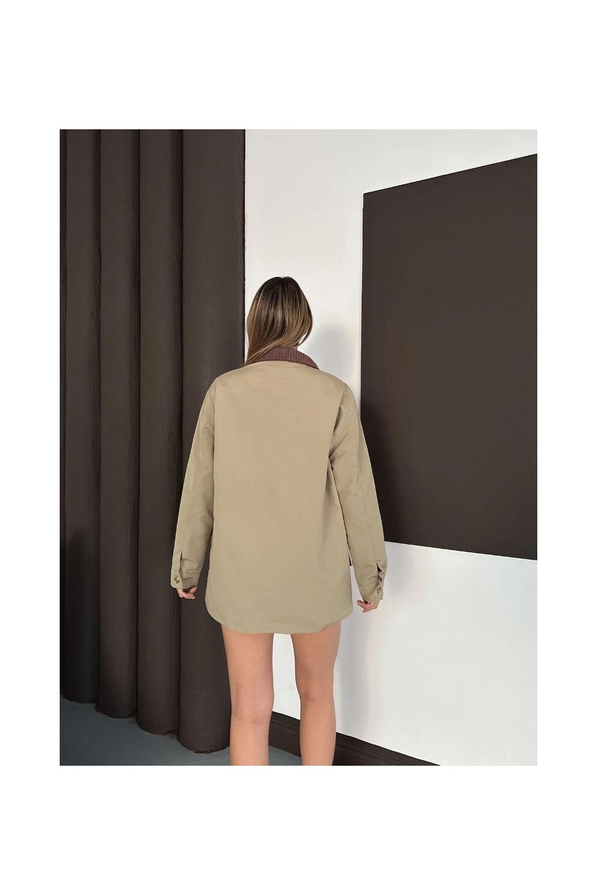 Astarlı yaka detaylı artos ceket haki st2651019