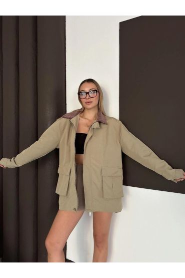 Astarlı yaka detaylı artos ceket haki st2651019