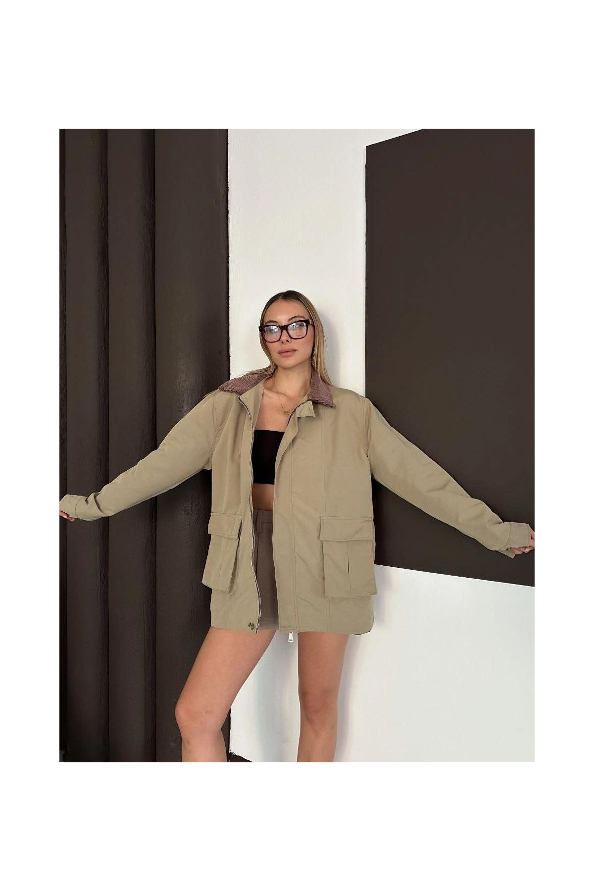 Astarlı yaka detaylı artos ceket haki st2651019