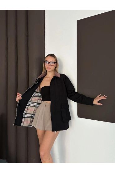 Astarlı yaka detaylı artos ceket siyah st2651019