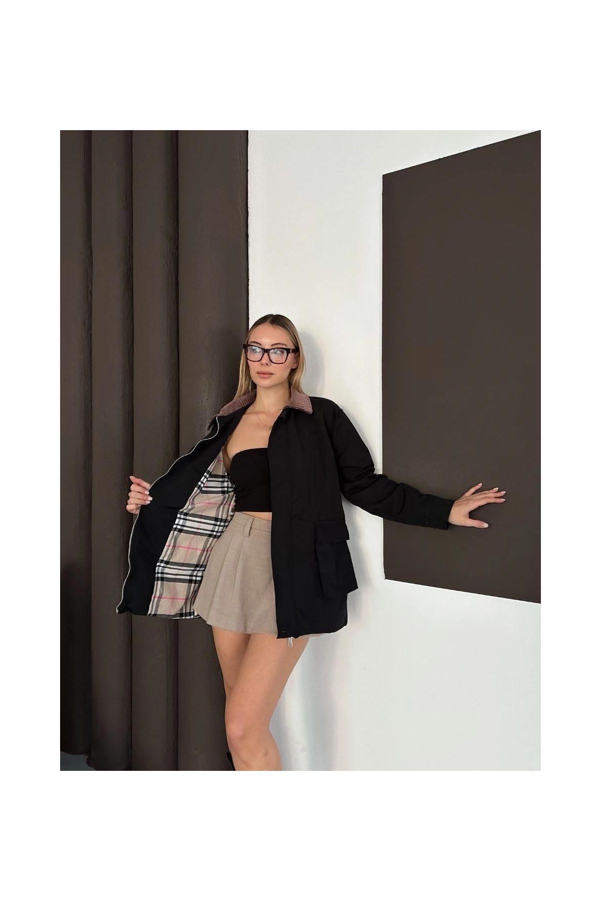 Astarlı yaka detaylı artos ceket siyah st2651019